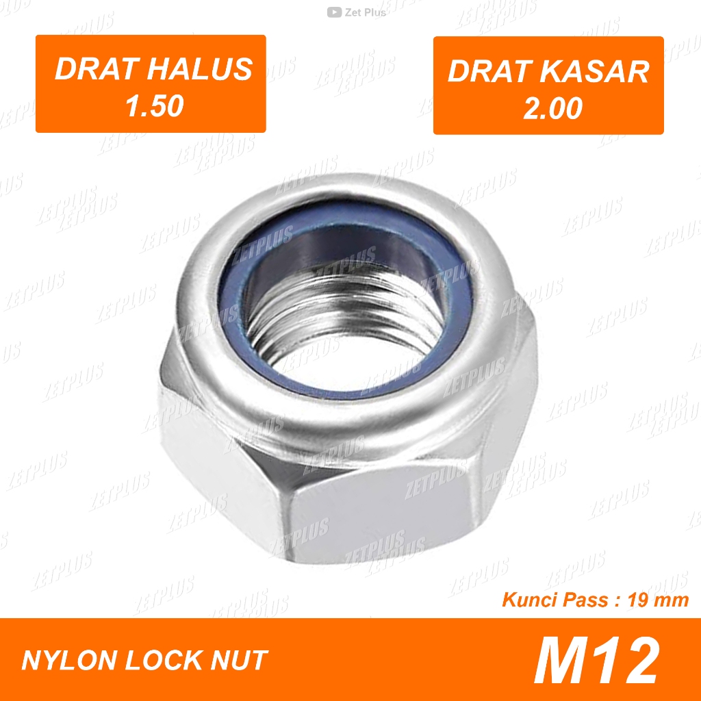 MUR NYLON M12 - KUNCI 19 MM / Lock nut 12mm plastik nilon karet - drat halus 1.25 - drat kasar 1.75 