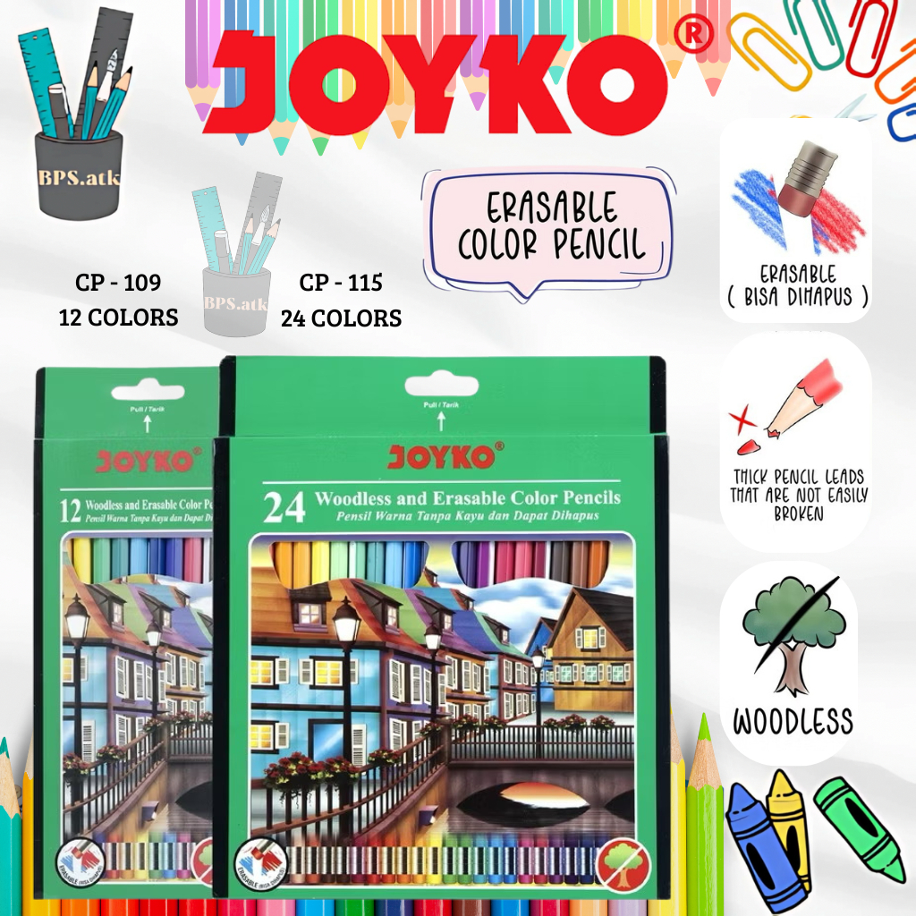 

JOYKO (Bisa Hapus) Pensil Warna / Color Pencil Erasable CP-109/CP-115 | 12Warna / 24Warna Pensil Warna Pajang