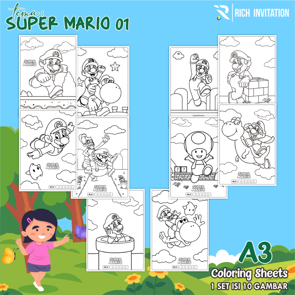 

(A3) KERTAS MEWARNAI ANAK - KERTAS COLORING ANAK PAUD TK - TEMA SUPER MARIO