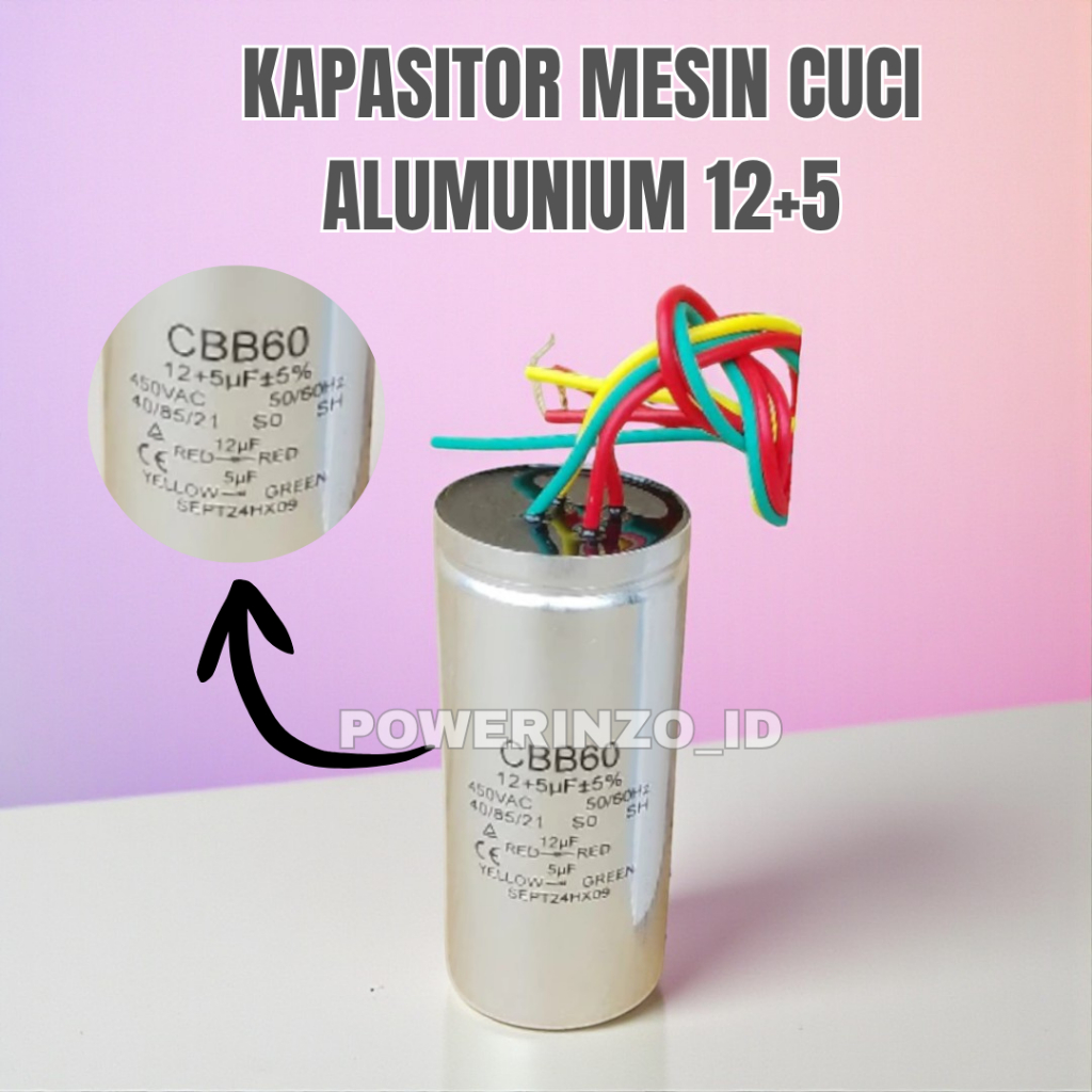 KAPASITOR MESIN CUCI SANKEN 12UF + 5UF BODY ALUMINIUM ORIGINAL