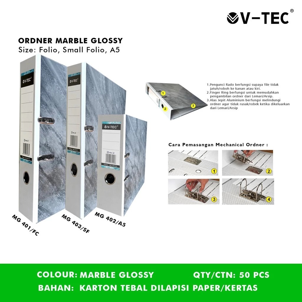 

V-TEC ORDNER TYPE MG 401, 402, 403 UKURAN FOLIO, SMALL FOLIO, A5 MOTIF MARBLE GLOSSY