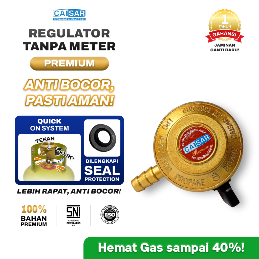 CAISAR - Regulator Kompor Gas Tanpa Meter Premium ANTI BOCOR SNI | Aman & Mudah Irit Hemat Pasang El