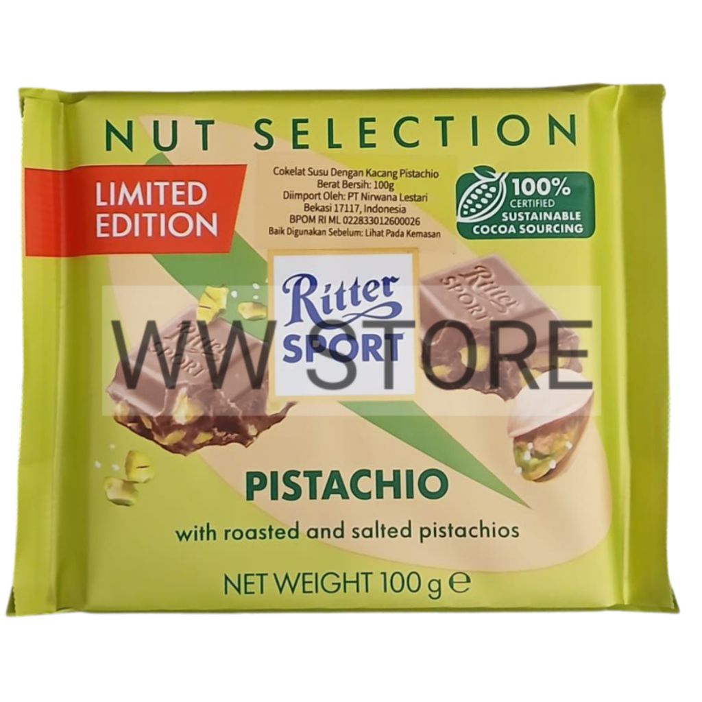 

LIMITED EDITION ! Cokelat coklat susu dengan kacang pistachios Ritter SPORT with roasted and salted PISTACHIO 100g