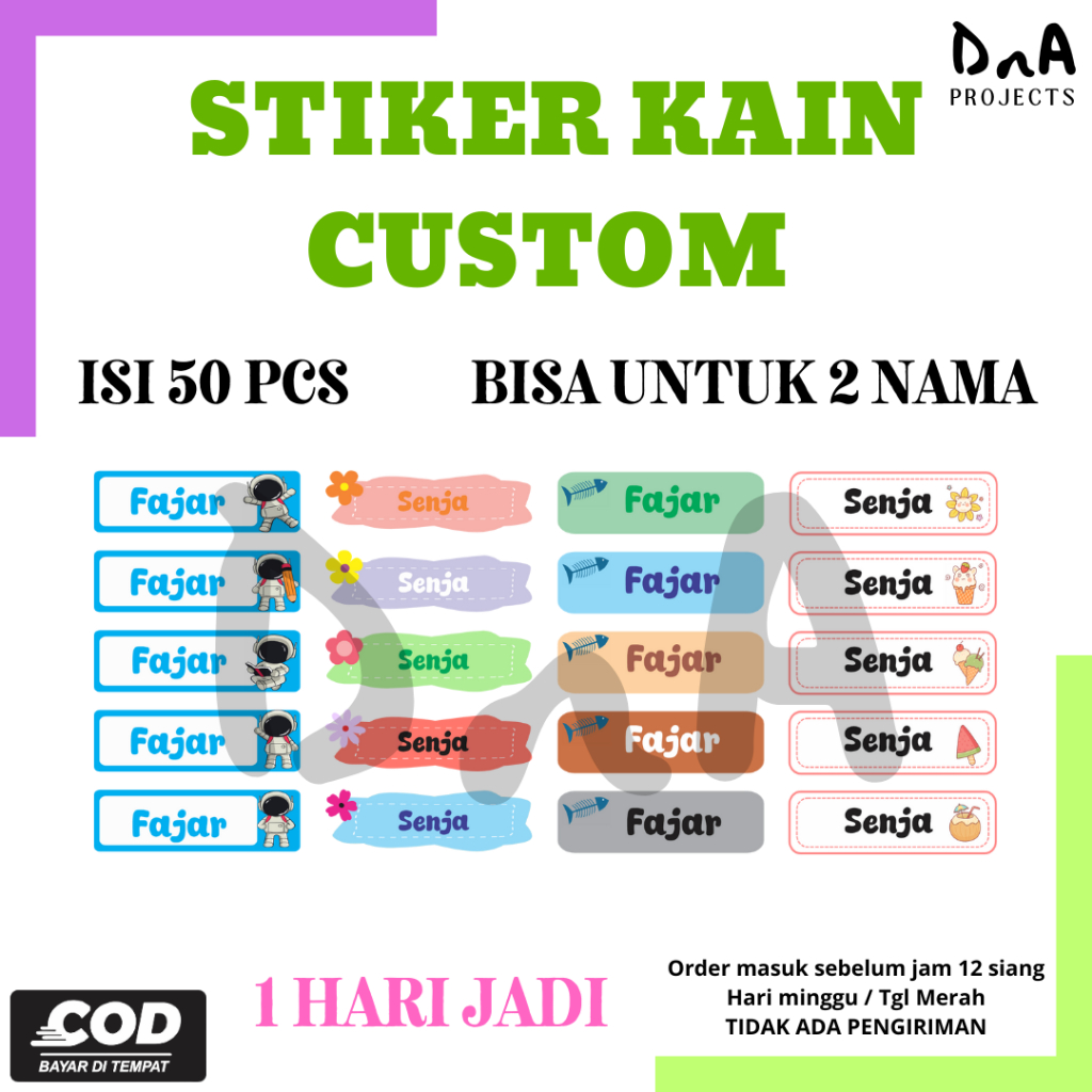 

Isi 50 Pcs Stiker Kain Custom Label Nama Baju Setrika Bisa Untuk 2 Nama Anti Luntur Murah