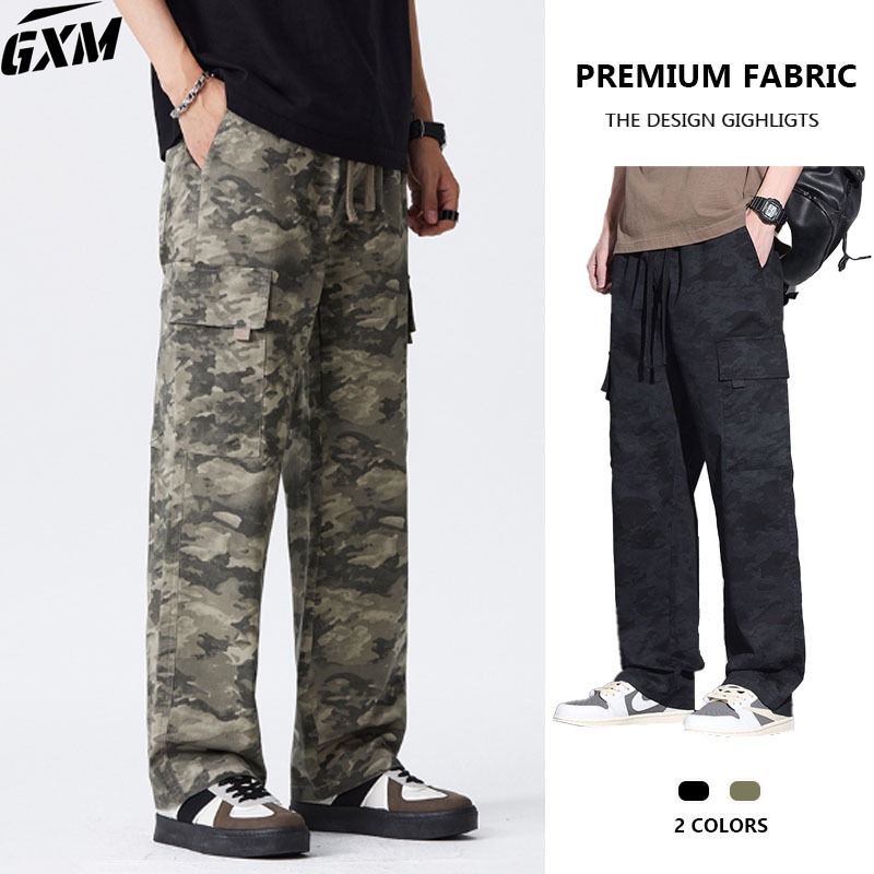 Celana Kerja Kamuflase Pria Celana Panjang Lurus Kaki Lurus Hitam Santai Celana Cargo Panjang Pria c
