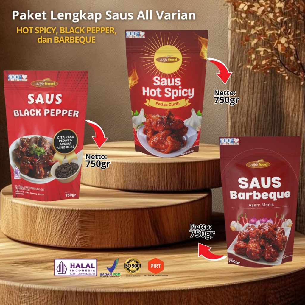 

Paket Saus Pasta Alifafood 750gr/siap pakai/saus celup/saus pedas/saus blackpapper/saus barbaque