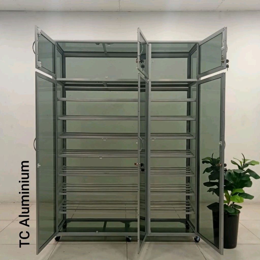 TC ALUMINIUM LSH215 120X38X179 s LEMARI RAK SEPATU HELM 1/8 SUSUN 4 HELM 40 PASANG SEPATU FULL KACA 