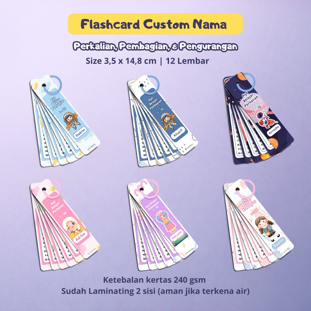Flashcard Tabel Perkalian Pembagian Kuadrat Akar Kuadrat Pengurangan Custom Nama Sudah Laminating 2 