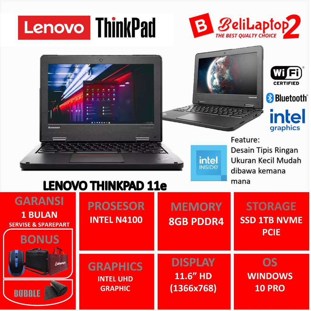 Termurah Lenovo ThinkPad 11e Laptop Intel N4100 RAM 8GB SSD 1TB WINDOWS PRO