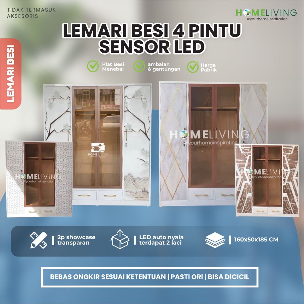 HOMELIVING-LEMARI BESI 4 PINTU - LEMARI LED SLIDING - LEMARI PAKAIAN 4 PINTU - LEMARI JUMBO