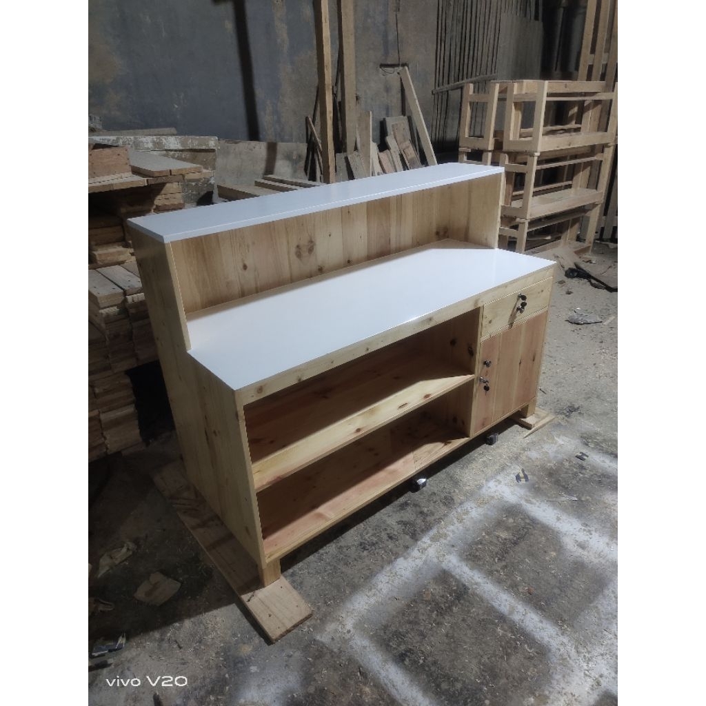 meja kasir mini bar kayu jati belanda 50x150x110
