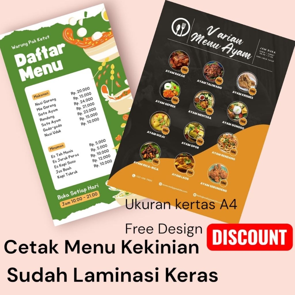 

Cetak Daftar Menu Kekinian Bahan tebal sudah plus Laminasi Keras ukuran A4