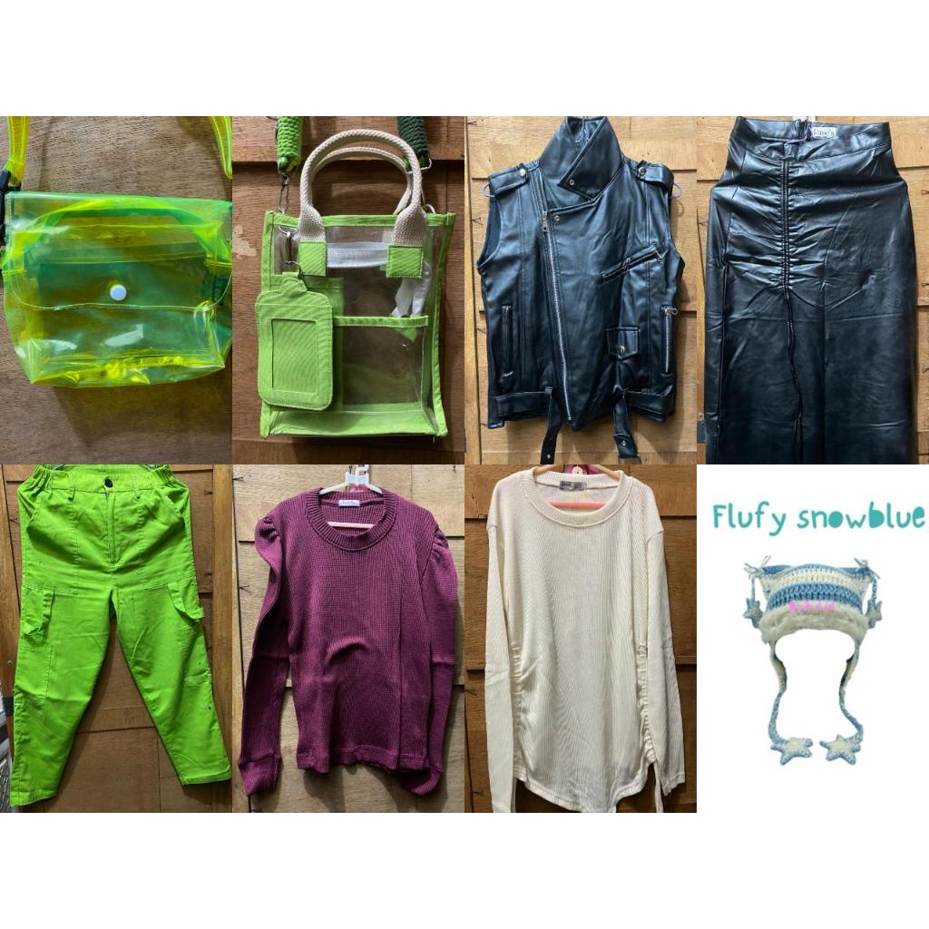 Preloved Outfit Konser | Tas PVC | Leather Jaket Rok | Celana Cargo | Sweater Blouse | Beanie Cat
