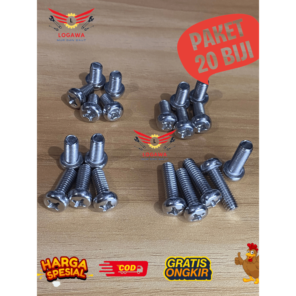 Baut JP Stainless 304 M6 / Baut Pan Head M6 / Baut JP M6 Stainless 304 Murah [20 BIJI]