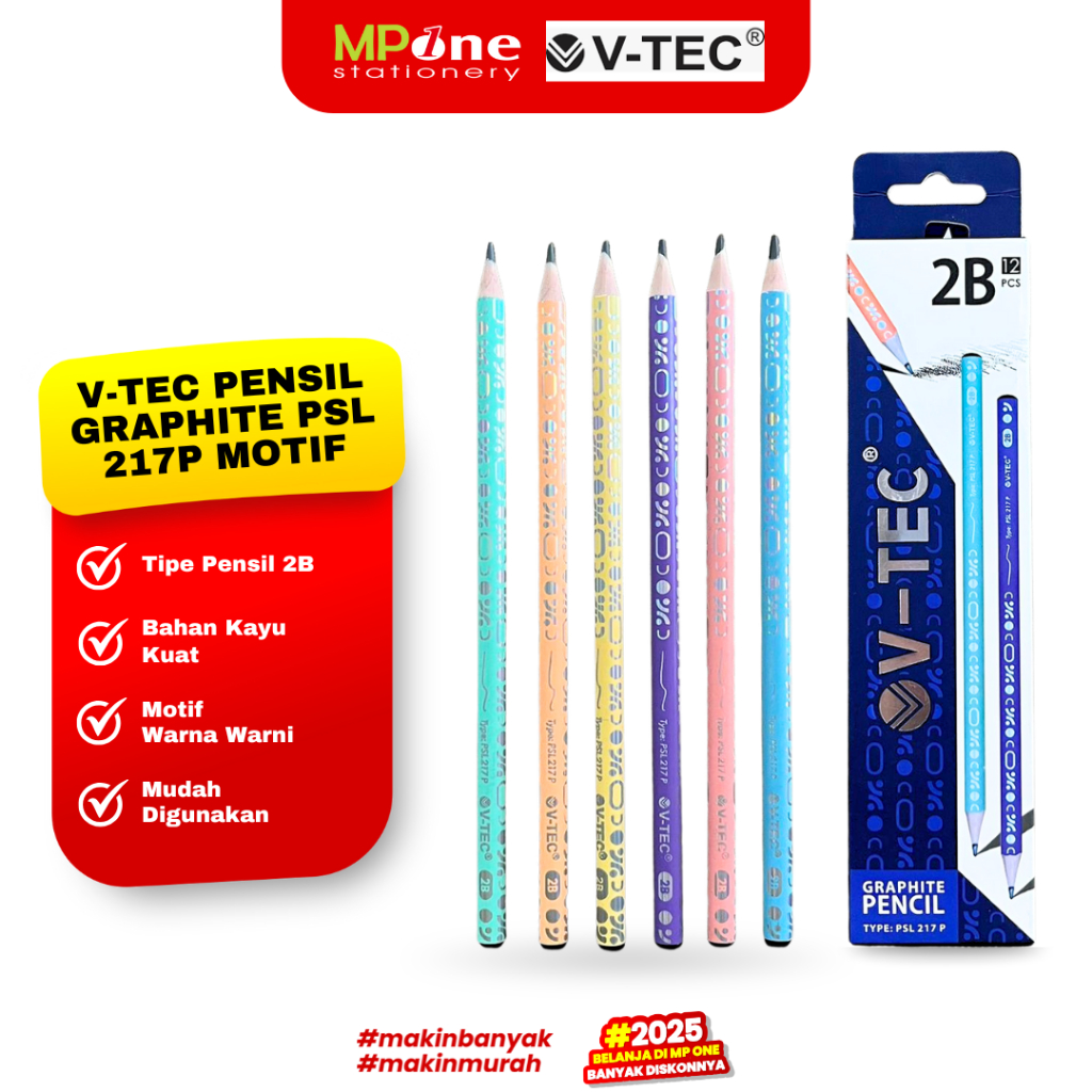 

(1 KOTAK) V-TEC Pensil Kayu 2B Graphite PSL 217P / Pensil Ujian 2B Cover Warna Warni V-TEC