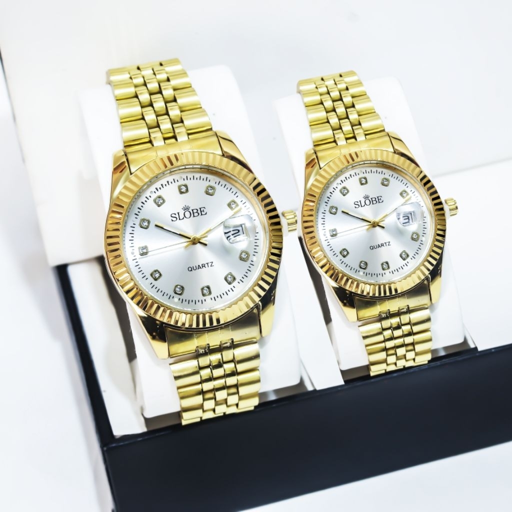 SLOBE Jam Tangan Couple Besi Rantai  Analog Free Box Kode 3.Couple