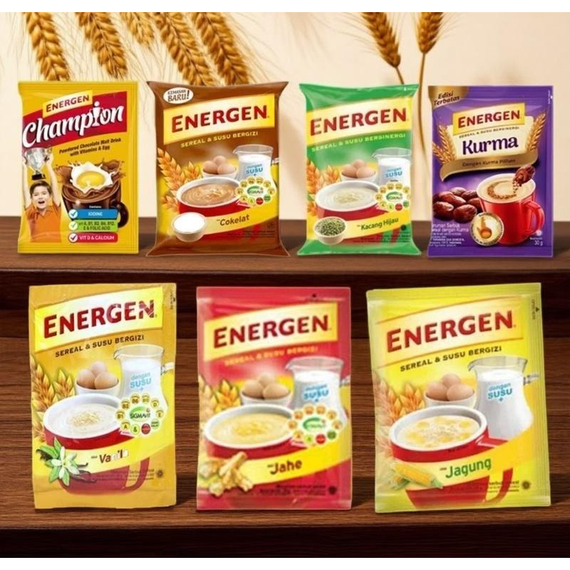 

ENERGEN All Varian 1 PCS Sereal dan Susu RENCENG energen KURMA Coklat Vanila Jahe Kacang Hijau Champion