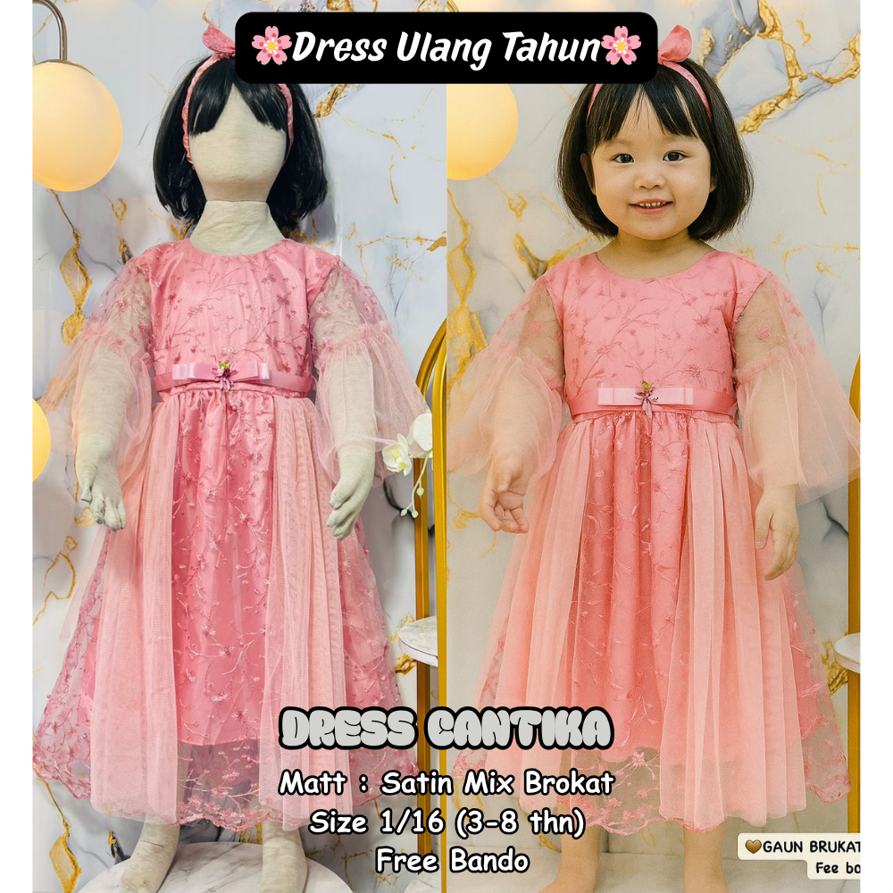 DRESS BROKAT FREE BANDO ULANG TAHUN ANAK USIA 3-8 TAHUN / BAJU DRESS PESTA  ANAK TERBARU - PAKAIAN P
