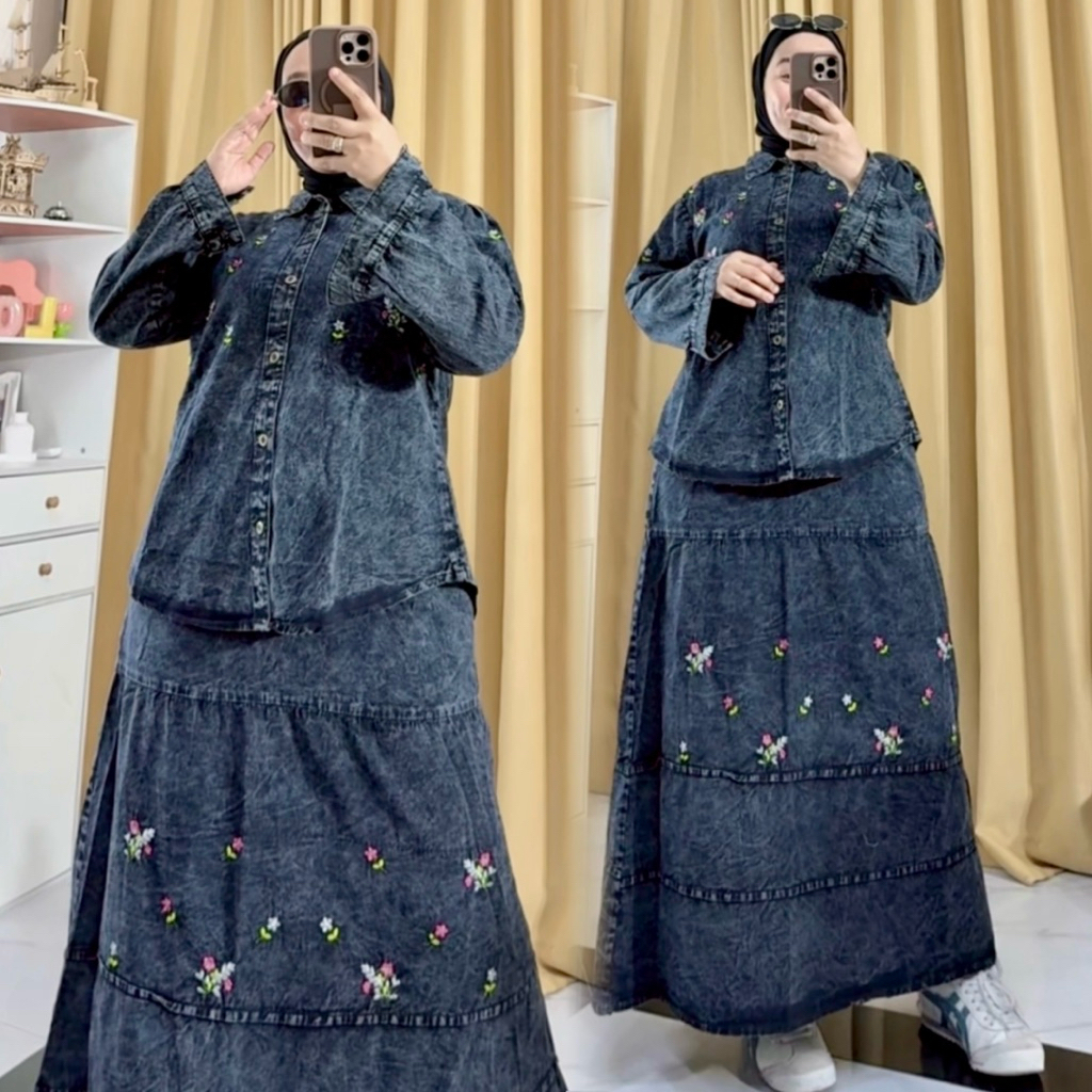 NEW SET ROK JEANS PREMIUM BORDIR WANITA LD 110 // SETELAN JEANS / ONE SET ROK JEANS // SETELAN JEANS