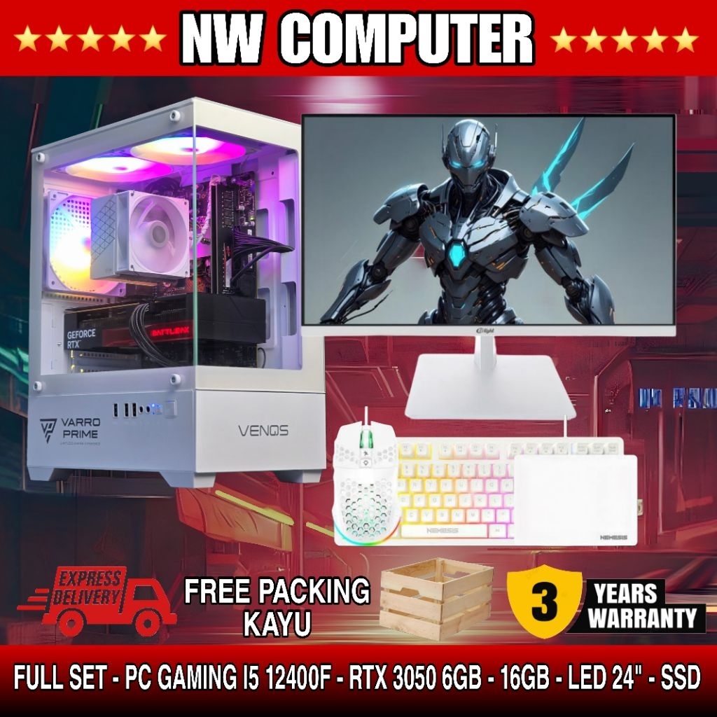 PC Gaming Full Set - Core i5 12400f | RTX 3050 6GB | 16GB | LED 24" | SSD