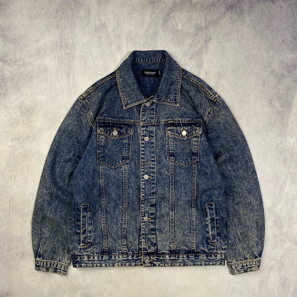 SAINTPAIN Acid Wash Denim Trucker Jacket Casual Harrington Work Jacket