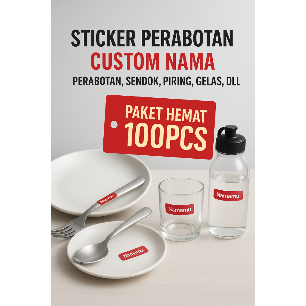

100Pcs Sticker Custom Nama Piring Sendok Botol Barang Perabotan Stiker Ajaib Waterproof Timbul Label