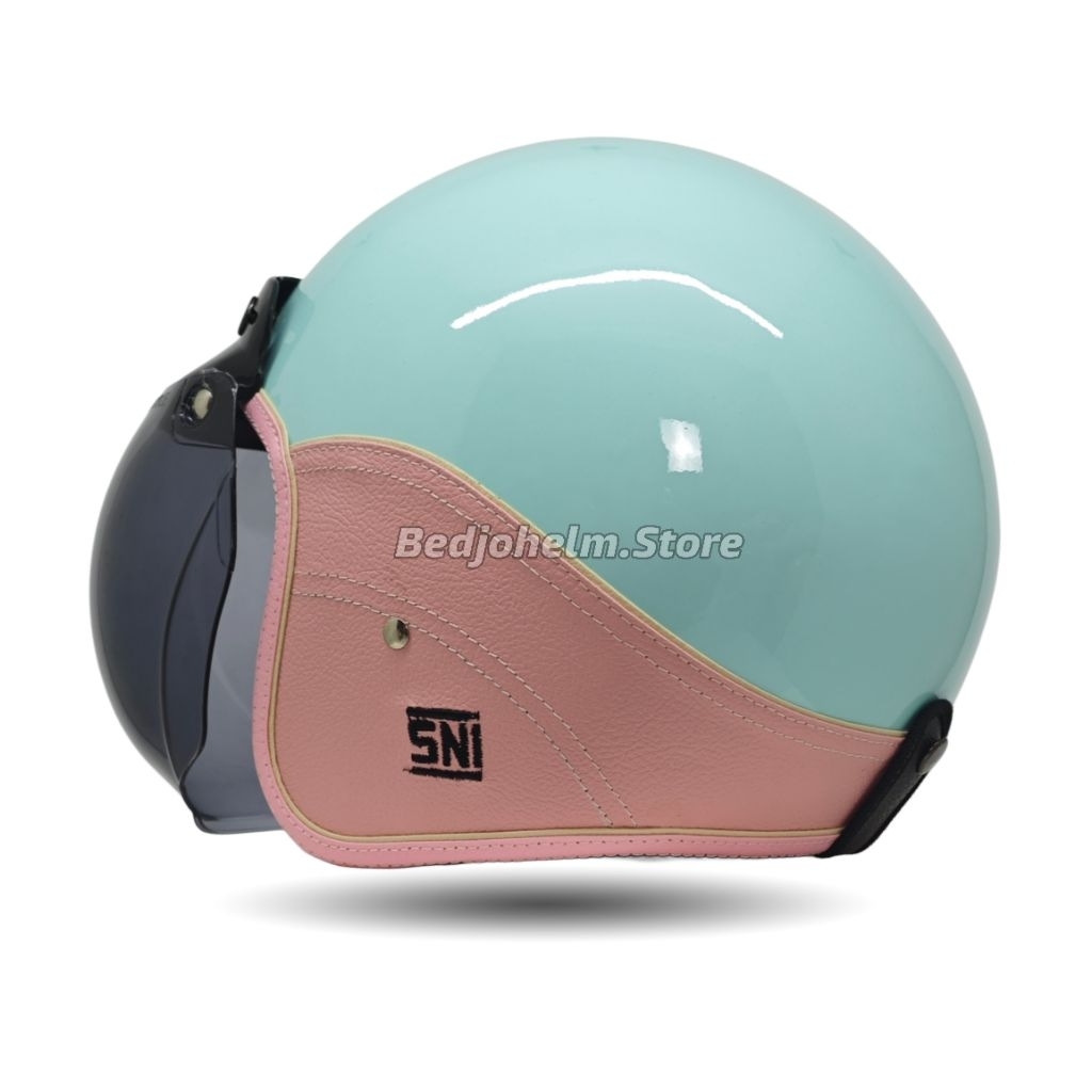 FREE ONGKIR HELM BOGO SEMI KULIT PINK RETRO FULL LEHER SNI BUSA COKLAT