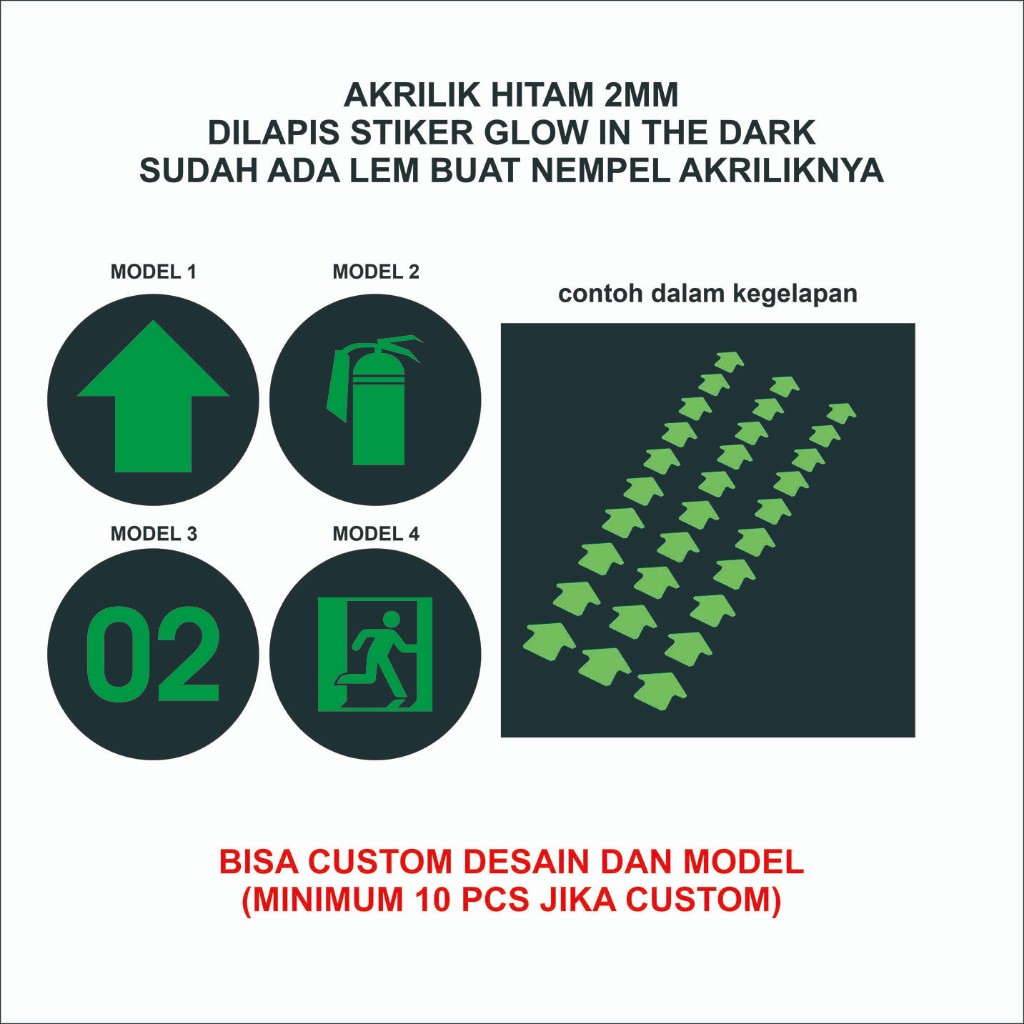 

STIKER AKRILIK GLOW IN THE DARK BERBAGAI MODEL / MENYALA DALAM GELAP / EXIT / SAFETY SIGN