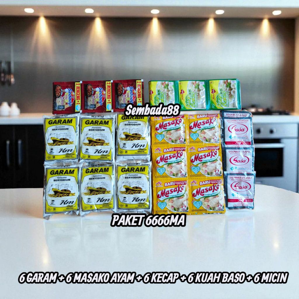 

PAKET MURNI BUMBU DAPUR 25 RIBUAN 6 GARAM 150 GRAM + 6 MASAKO / ROYCO / SEDAAP KALDU 9 GRAM + 6 KECAP 20 GRAM + 6 KUAH BASO 8 GRAM + 6 MICIN 14 GRAM / GARAM / GAREM / BUMBU DAPUR