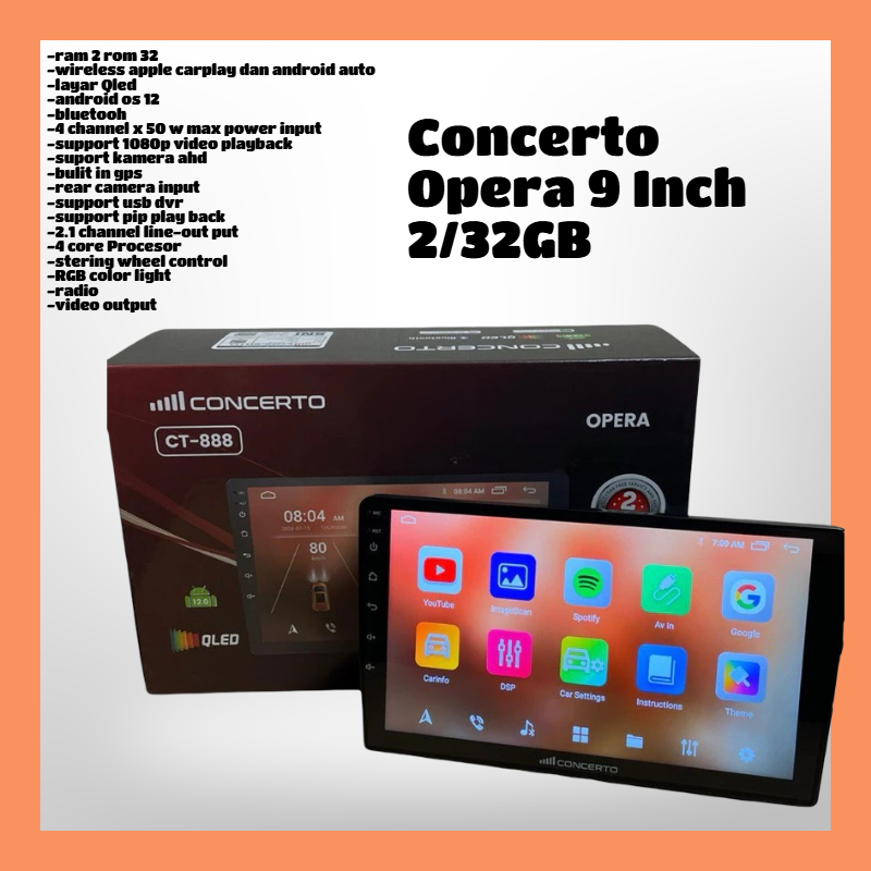 Head unit Android 9 Inch Concerto CT-888 Layar Qled Colling Fan