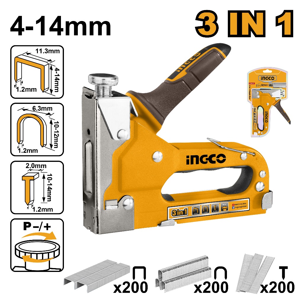 

GRATIS 600 pcs Paku Jok Motor INGCO Stapler 3-in-1 HSG1405 Alat Steples Tiga Macam Paku Adjustable Driving Force F10 T10 U10 Staples U-Shape & Brad Nails 4-14mm 3 In 1 Stapler Gun / 3 In 1 Pistol Kuku / Staples Tembak Gun Tacker / Powerfull Stapler Kayu