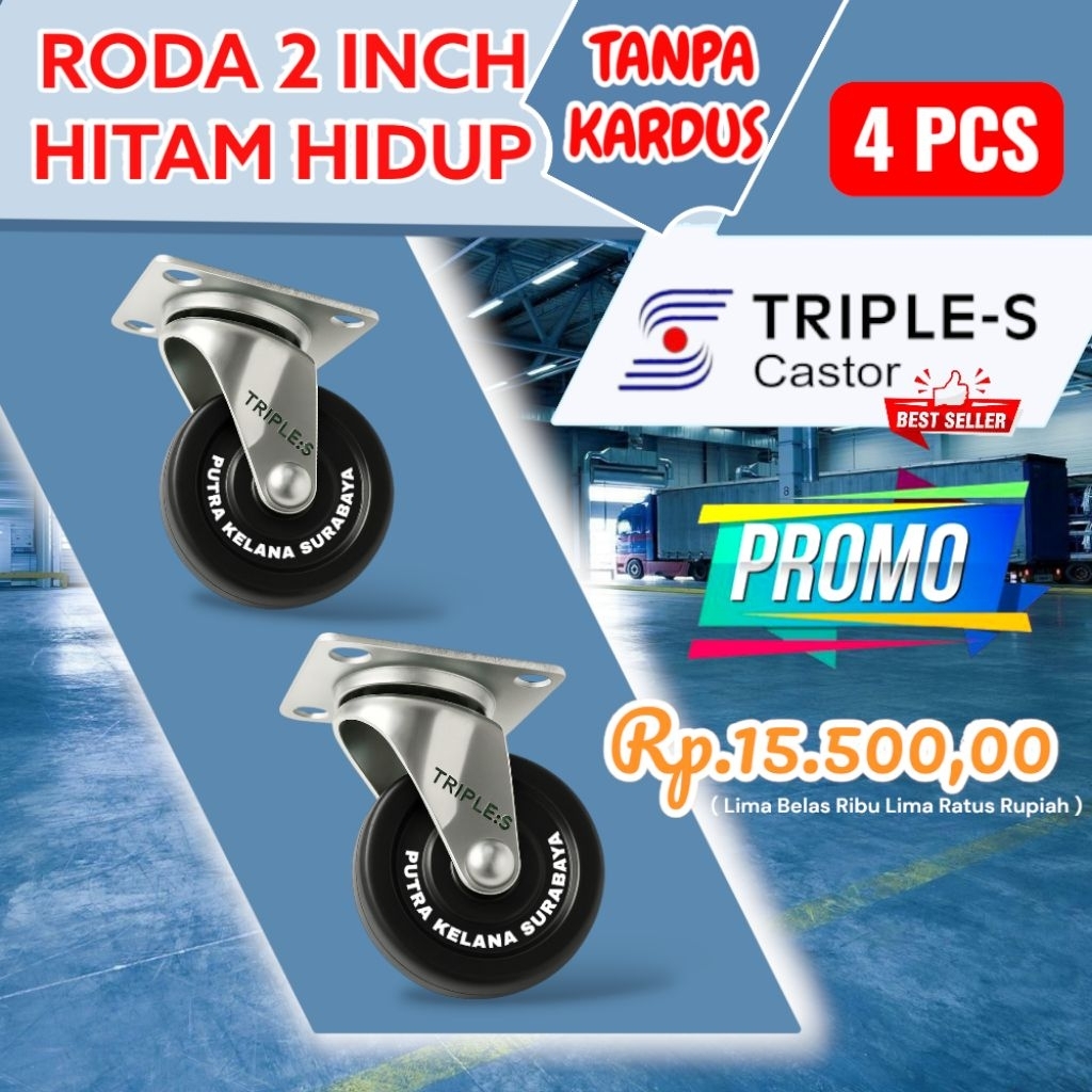 [ 4 PCS (Tanpa Dus ) ] Roda 2 Inch Hitam Hidup Tanpa Rem 4 PCS / Roda Troli 2 inch Hitam 4 PCS / Rod