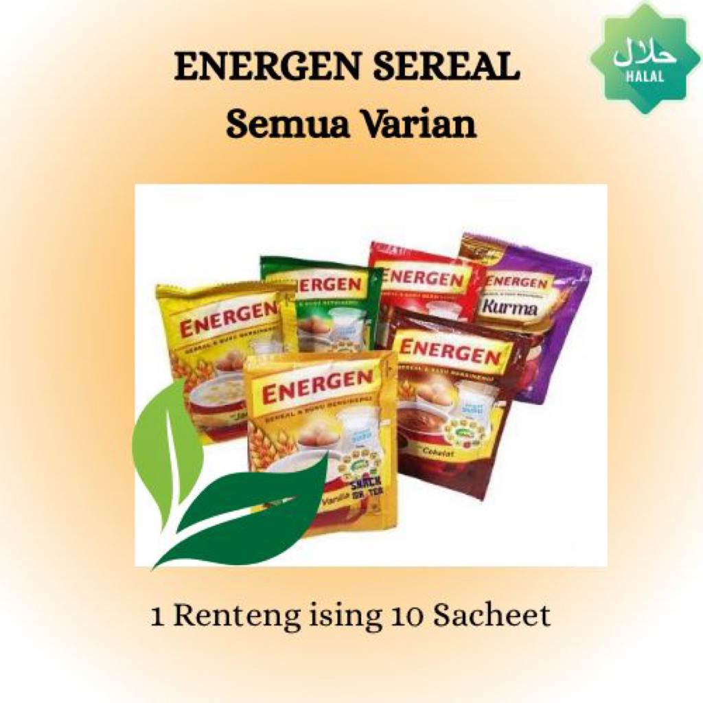 

ENERGEN SEREAL VARIAN JAHE ,COKLAT ,KACANG HIJAU ,VANILA 1 RENTENG ISI 10 SACHET