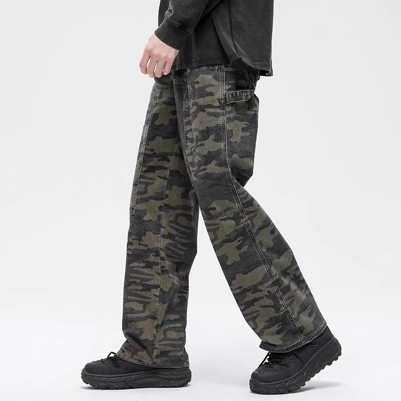 Celana Jeans Cargo Pria FABTT Musim Panas - Korean Vintage Motif Kamuflase, Cut Lurus Longgar Kekini