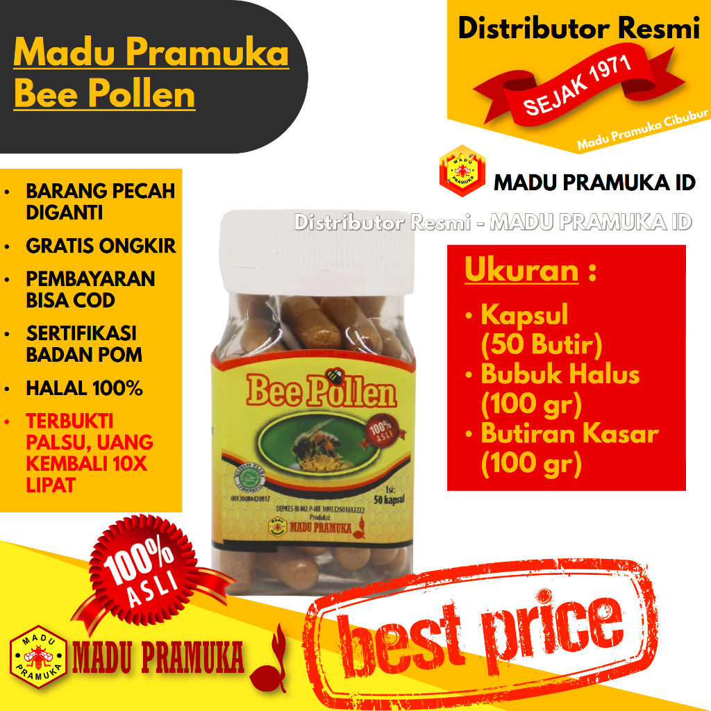 

BEE POLLEN (KAPSUL 50 Butir, BUTIRAN Kasar 100 GR GRAM, BUBUK Halus 100 GR GRAM) - Madu Pramuka - Asli Original Alami Murni Murah - Resmi Official Store Star Seller