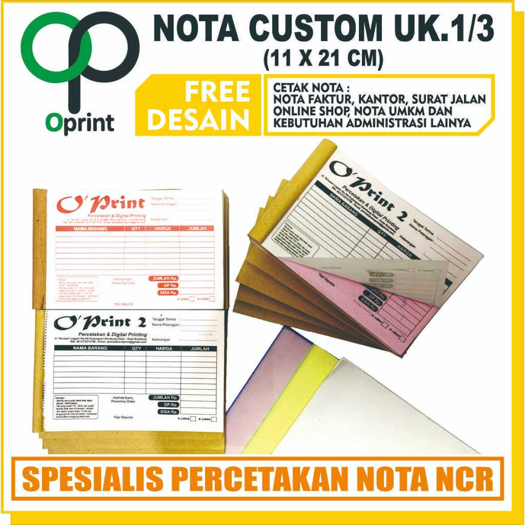 

NOTA Bon NCR, Ukuran 1/3 (11 x 21 cm), isi 25 set, GRATIS DESAIN CUSTOM, FULL COLOUR