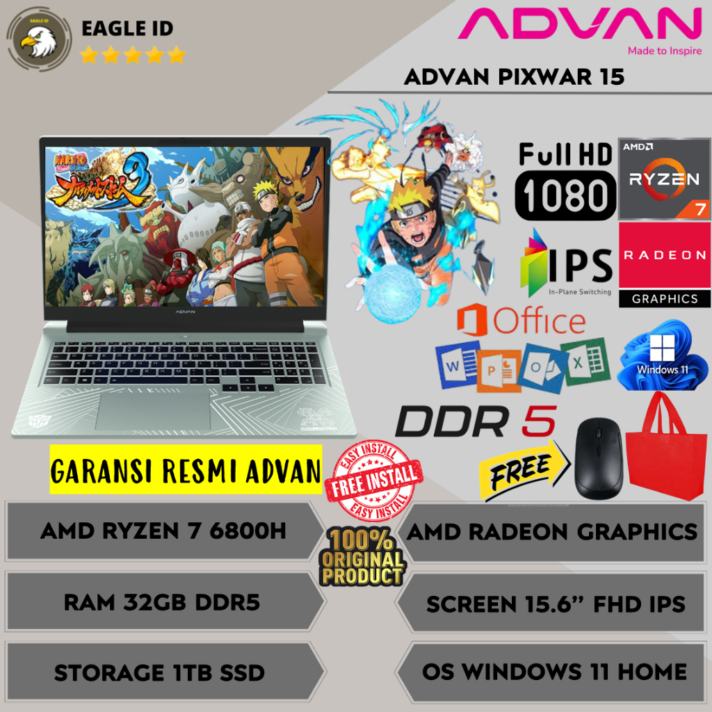 Laptop Gaming Murah Advan PIXWAR 15 1701 L25A-R76S1 Amd Ryzen 7 6800H 32GB DDR5 512GB SSD RX680M 15"