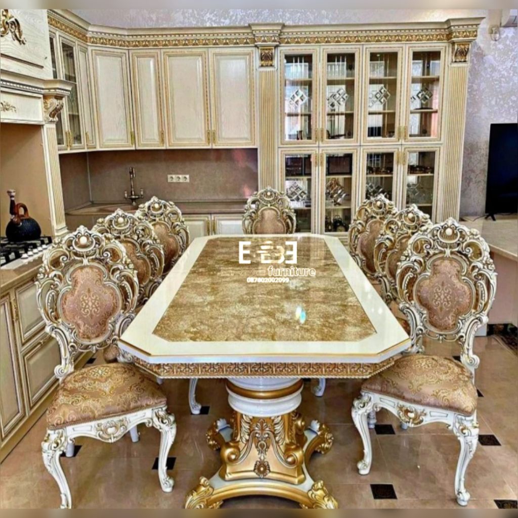 kursi makan meja makan ukir Jepara mewah kayu jati perhutani 6 kursi