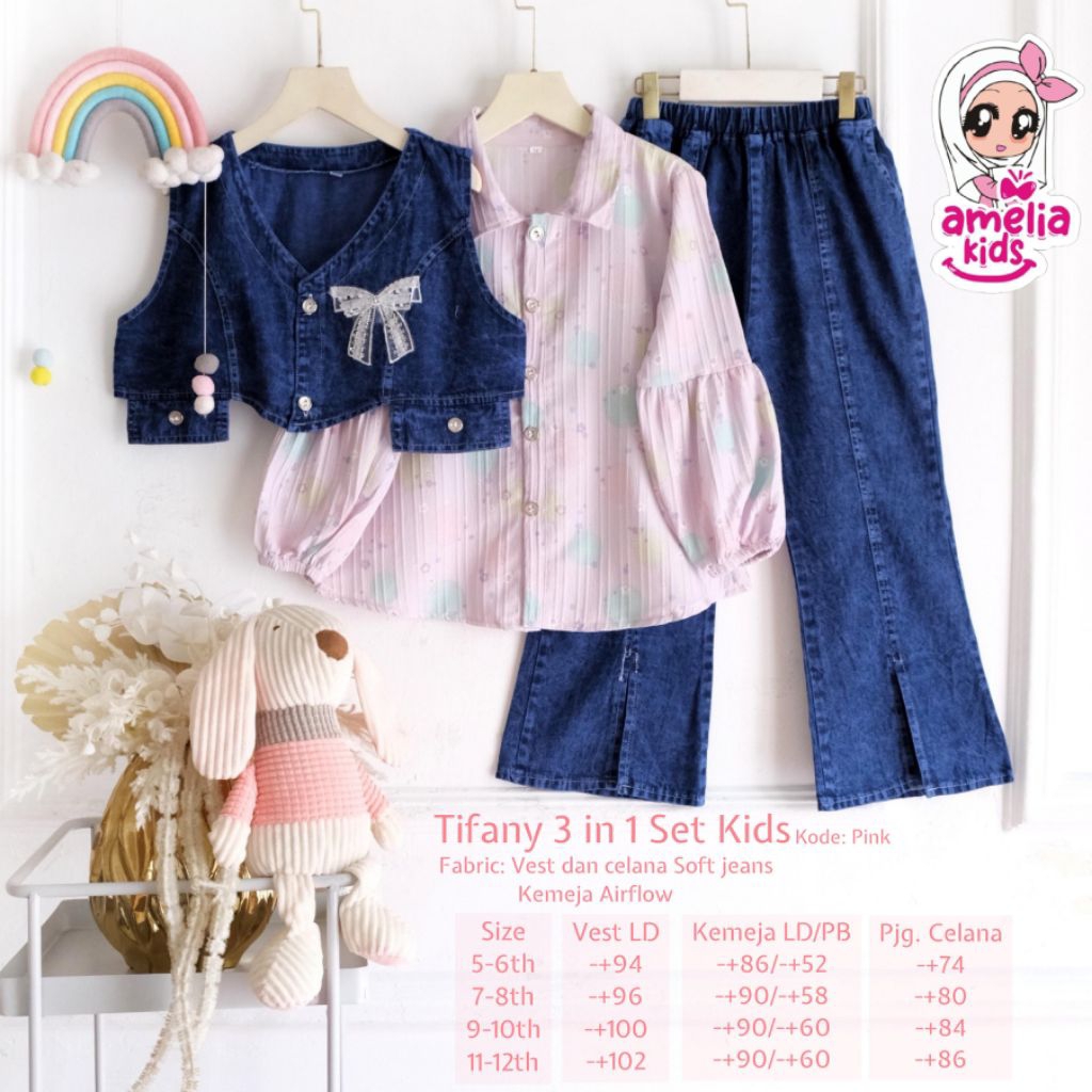 setelan 3in1 anak perempuan 5-12 tahun original by amelia kids | tifany set teen