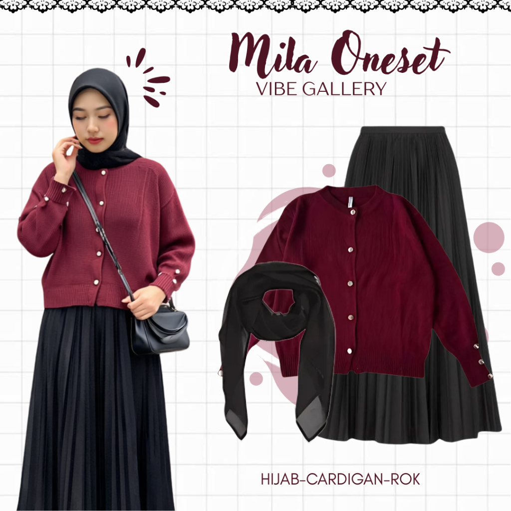 Mila OneSet 3 in 1 (Cardigan Rajut Starla Maroon - Hijab Bella Square Hitam - Rok Plisket Hitam) Ker