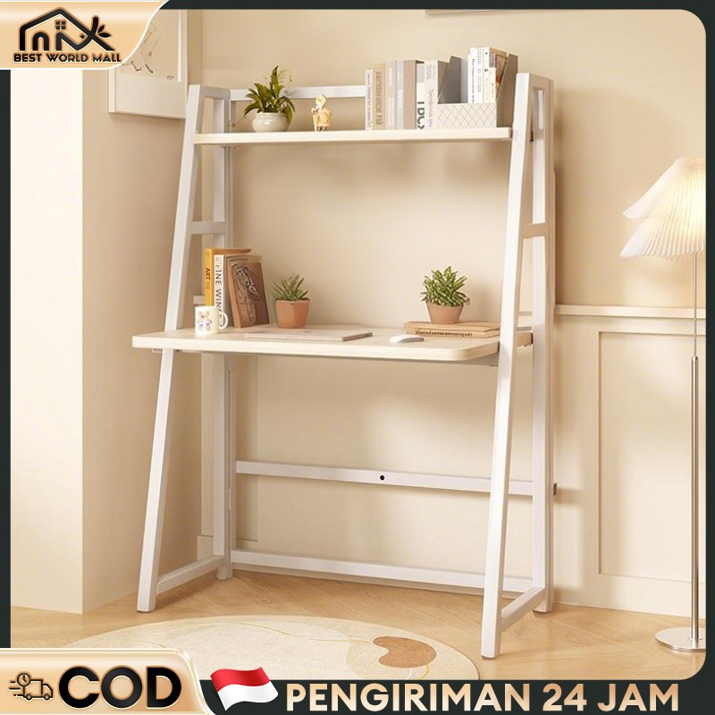 Meja Belajar Meja Komputer Meja Kerja Rak Horizontal Kaki Besi Kokoh Kayu Kokoh Dan Multifungsi