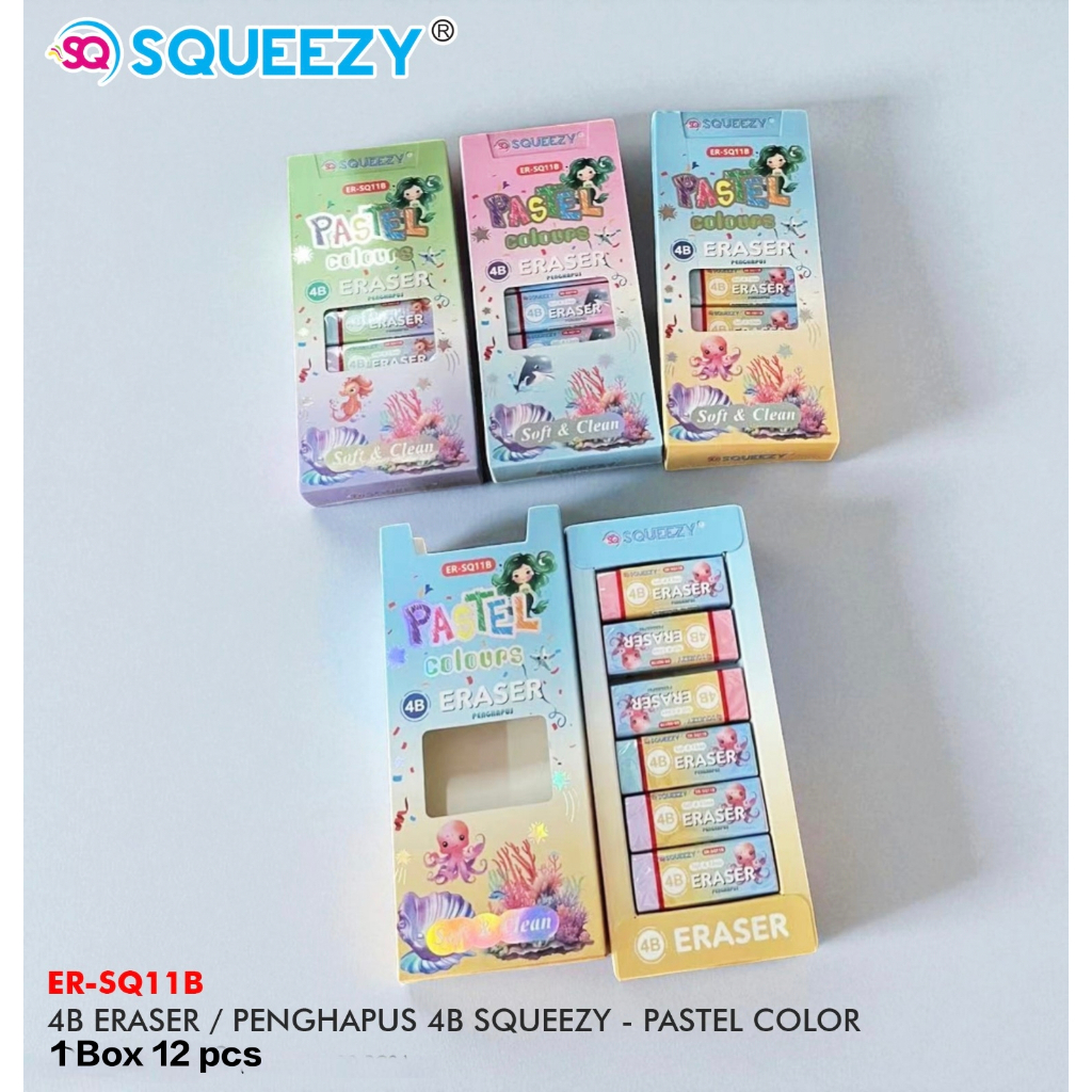 

1 Box 12 pcs Penghapus Eraser Squeezy Pastel Color ER-SQ11B Bebas Debu 4B Kualitas Premium
