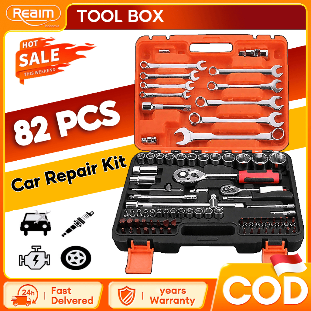 Reaim Kunci Set Lengkap Kunci Shock Set 82pcs Tool Box Tool Box Set Lengkap Kunci Set Impact Wrench