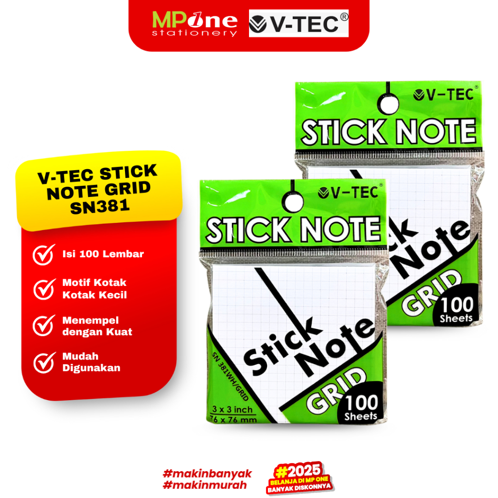 

(1 SHEET) V-Tec Sticky Note 76x76 Grid SN381 / Memo Tempel Kotak-Kotak Kecil / Stick Notes @60Lembar V-TEC