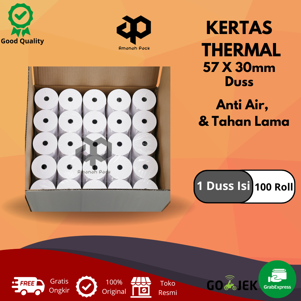 

KERTAS STRUK THERMAL PAPER ROLL 57x30 (1 Dus isi 100 Roll )TERMAL EDC THERMAL PRINTER MINI BLUETOOTH 57MM CORELESS