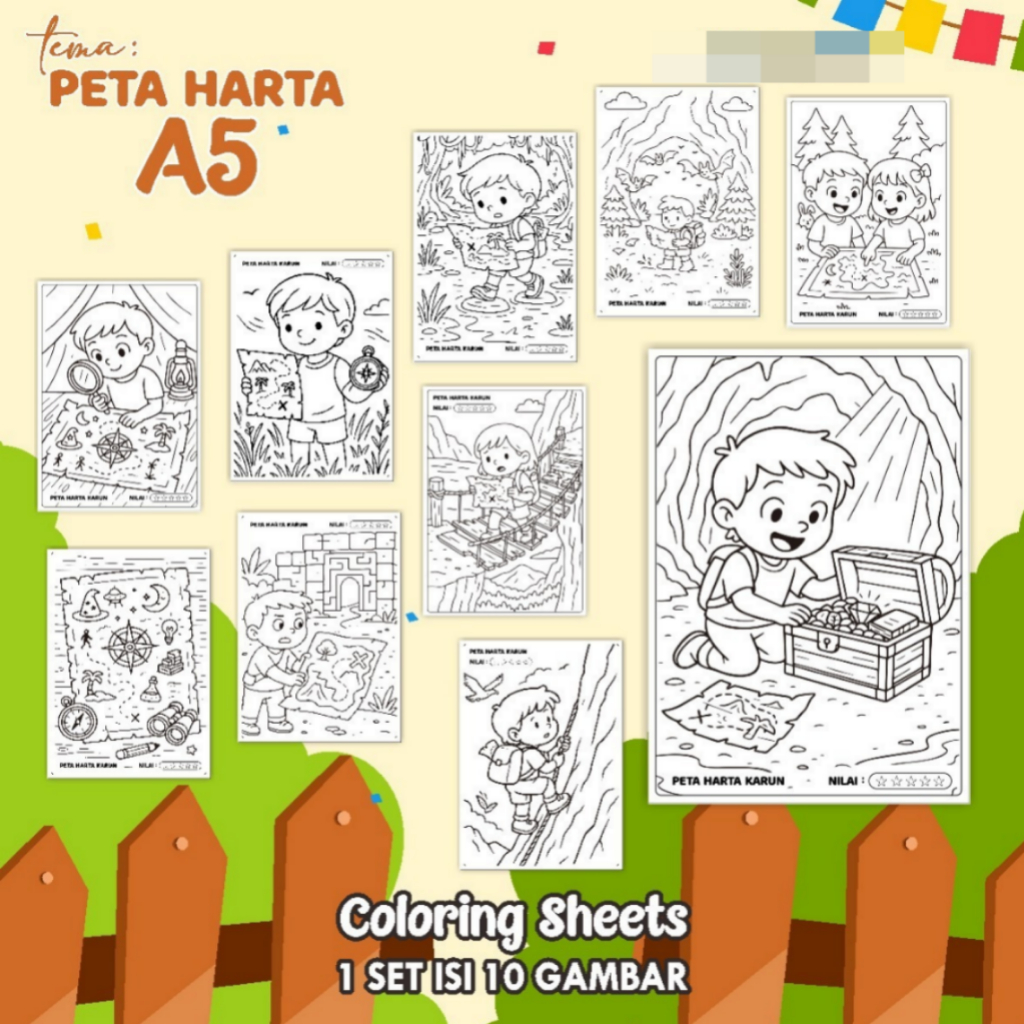 

KERTAS GAMBAR MEWARNAI TEMA [PETA HARTA] A5 ISI 10 LEMBAR - COLORING SHEET FOR KIDS READY STOCK
