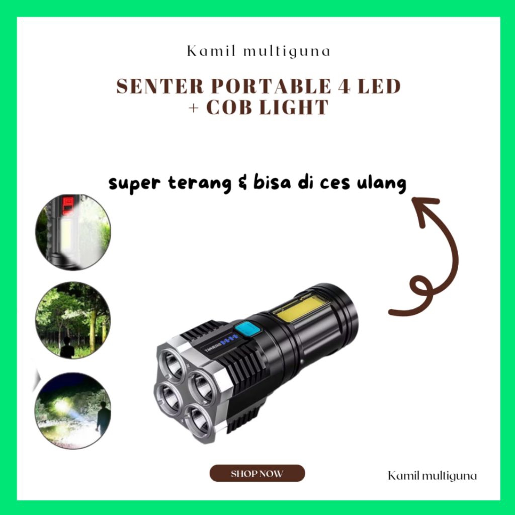 senter cas portable led 4 mata 48w super terang senter cas charger senter led multifungsi lampu sent