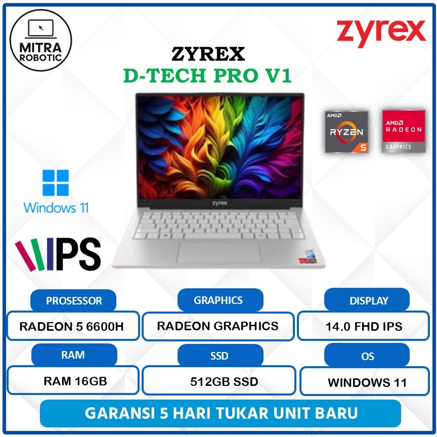 Laptop Zyrex D-Tech Pro V1 Ryzen 5 6600H 16GB 512GB Radeon Graphics FHD IPS Win 11