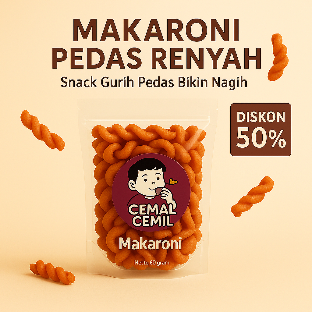 

Camilan Makaroni Spiral Bantet Pedas – Snack Gurih 60 Gram Cemal Cemil