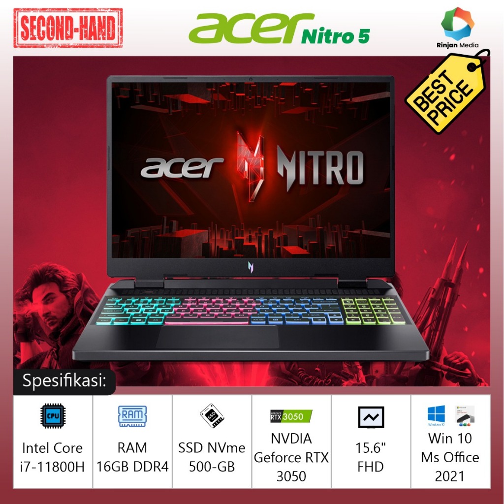 [READY] Laptop Gaming Acer Nitro 5 Intel Core i7-11800H 2.3GHz 16CPUs Grade A 99%